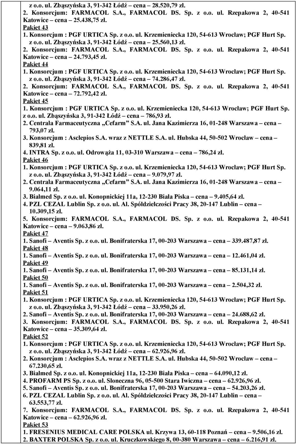 4. INTRA Sp. z o.o. ul. Odrowąża 11, 03-310 Warszawa cena 786,24 zł. Pakiet 46 z o.o. ul. Zbąszyńska 3, 91-342 Łódź cena 9.079,97 zł. 9.064,11 zł. 3. Bialmed Sp. z o.o. ul. Konopnickiej 11a, 12-230 Biała Piska cena 9.