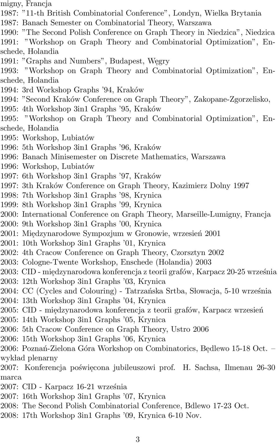 Optimization, Enschede, Holandia 1994: 3rd Workshop Graphs 94, Kraków 1994: Second Kraków Conference on Graph Theory, Zakopane-Zgorzelisko, 1995: 4th Workshop 3in1 Graphs 95, Kraków 1995: Workshop on