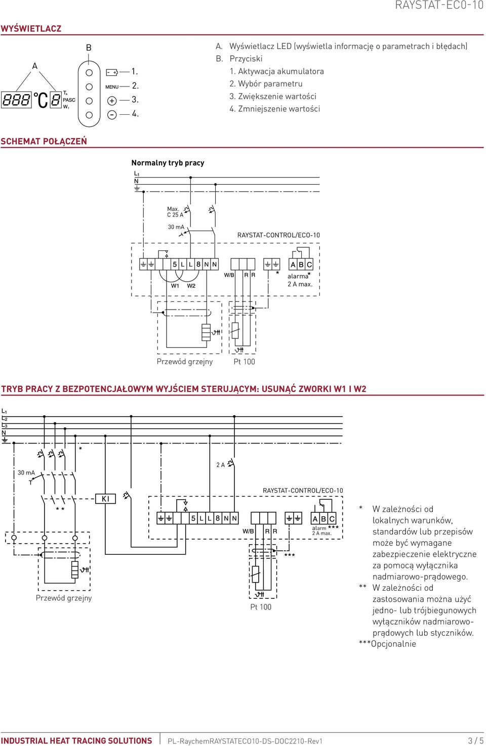 Przewód grzejny Pt 100 Tryb pracy z bezpotencjałowym wyjściem sterującym: usunąć zworki W1 i W2 30 ma 2 A RAYSTAT-CONTROL/ECO-10 Przewód grzejny Pt 100 alarm 2 A max.