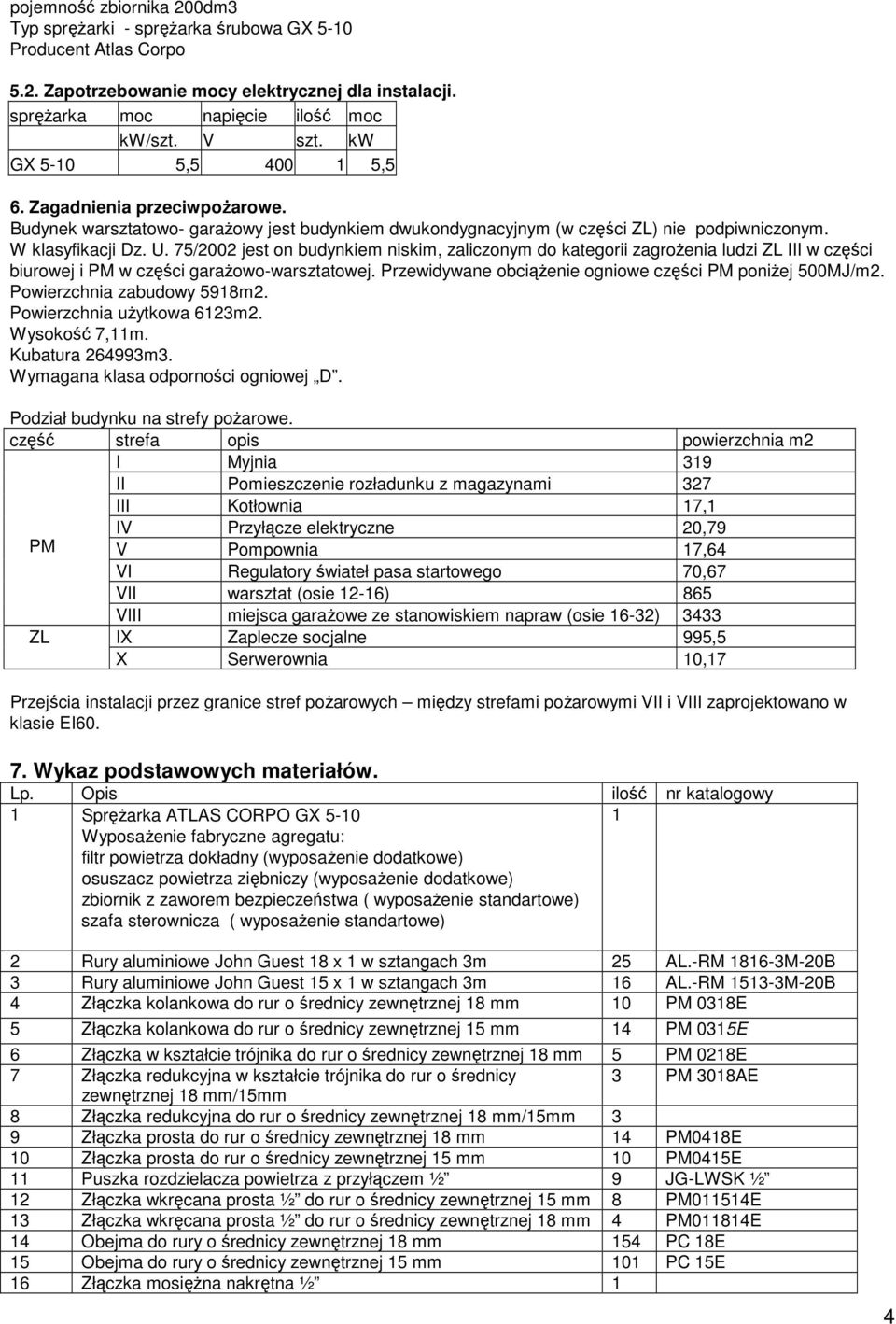 75/2002 jest on budynkiem niskim, zaliczonym do kategorii zagrożenia ludzi ZL III w części biurowej i PM w części garażowo-warsztatowej. Przewidywane obciążenie ogniowe części PM poniżej 500MJ/m2.