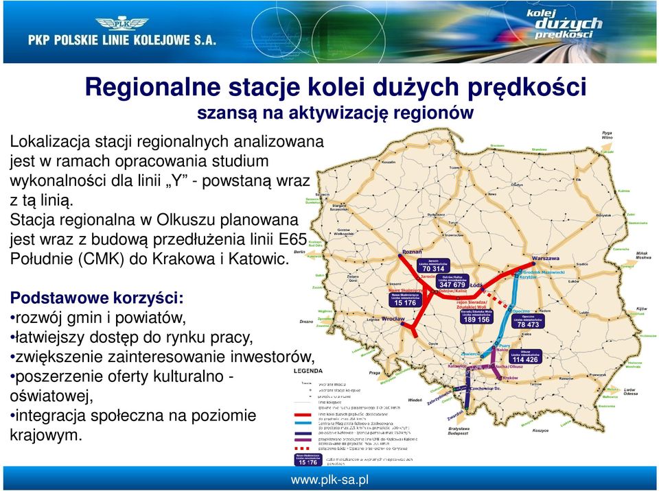 Stacja regionalna w Olkuszu planowana jest wraz z budową przedłużenia linii E65 Południe (CMK) do Krakowa i Katowic.