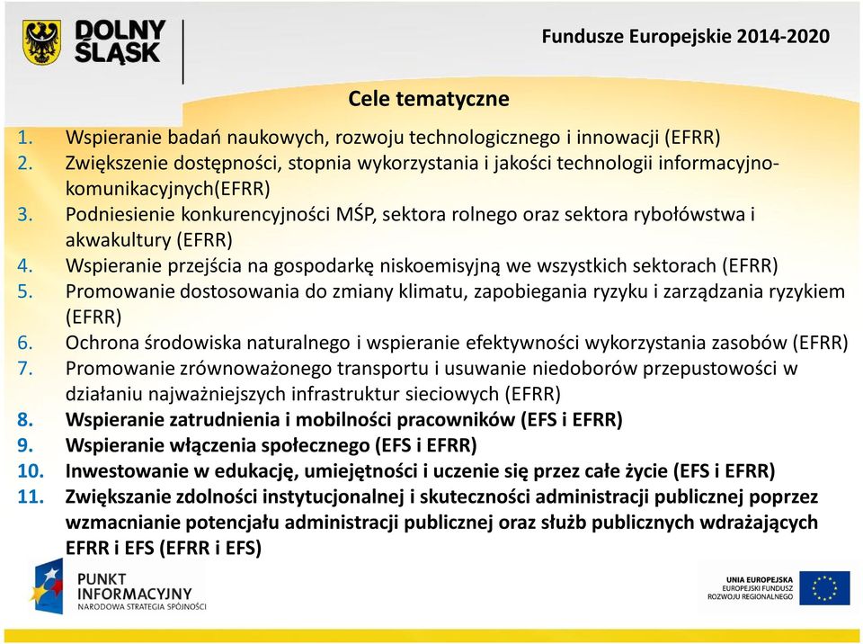Promowanie dostosowania do zmiany klimatu, zapobiegania ryzyku i zarządzania ryzykiem (EFRR) 6. Ochrona środowiska naturalnego i wspieranie efektywności wykorzystania zasobów (EFRR) 7.