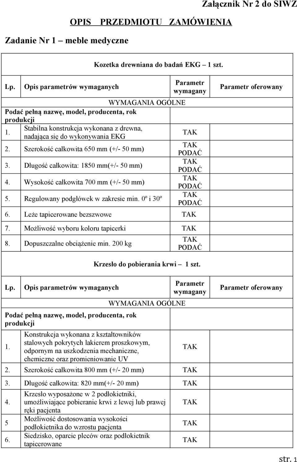 Długość całkowita: 1850 mm(+/- 50 mm) Wysokość całkowita 700 mm (+/- 50 mm) Regulowany podgłówek w zakresie min. 0º i 30º Leże tapicerowane bezszwowe oferowany Możliwość wyboru koloru tapicerki 8.