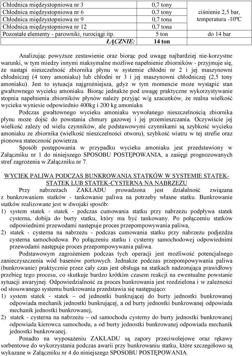 5 ton do 14 bar ŁĄCZNIE: 14 ton Analizując powyŝsze zestawienie oraz biorąc pod uwagę najbardziej nie-korzystne warunki, w tym miedzy innymi maksymalne moŝliwe napełnienie zbiorników - przyjmuje się,
