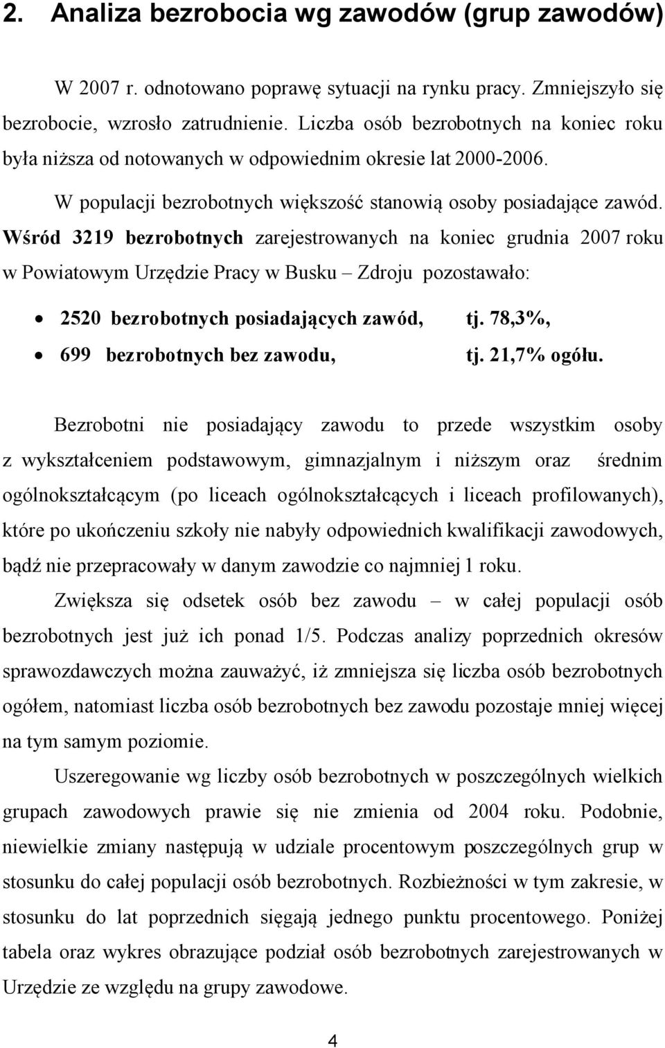 Wśród 3219 bezrobotnych zarejestrowanych na koniec grudnia 2007 roku w Powiatowym Urzędzie Pracy w Busku Zdroju pozostawało: 2520 bezrobotnych posiadających zawód, tj.