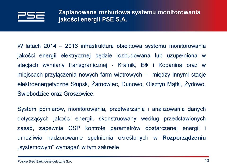 Kopanina oraz w miejscach przyłączenia nowych farm wiatrowych między innymi stacje elektroenergetyczne Słupsk, Żarnowiec, Dunowo, Olsztyn Mątki, Żydowo, Świebodzice oraz Groszowice.