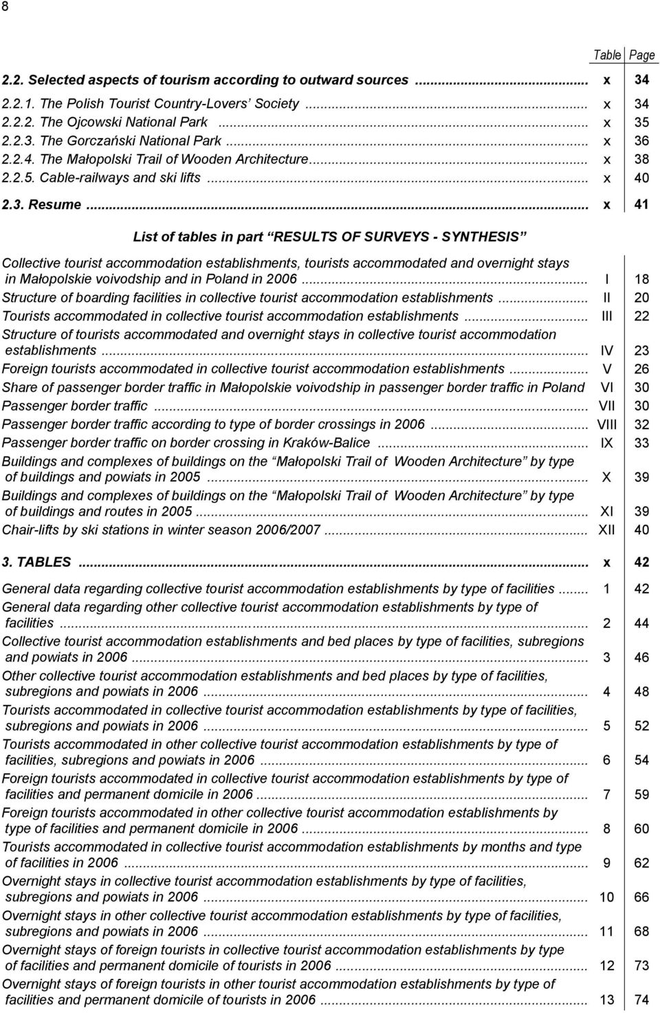 .. x 41 List of tables in part RESULTS OF SURVEYS - SYNTHESIS Collective tourist accommodation establishments, tourists accommodated and overnight stays in Małopolskie voivodship and in Poland in 2006.