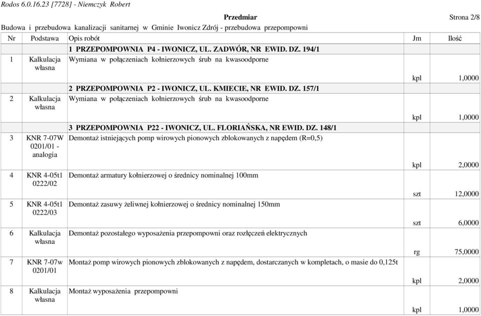 DZ. 157/1 Wymiana w połączeniach kołnierzowych śrub na kwasoodporne 3 PRZEPOMPOWNIA P22 - IWONICZ, UL. FLORIAŃSKA, NR EWID. DZ.