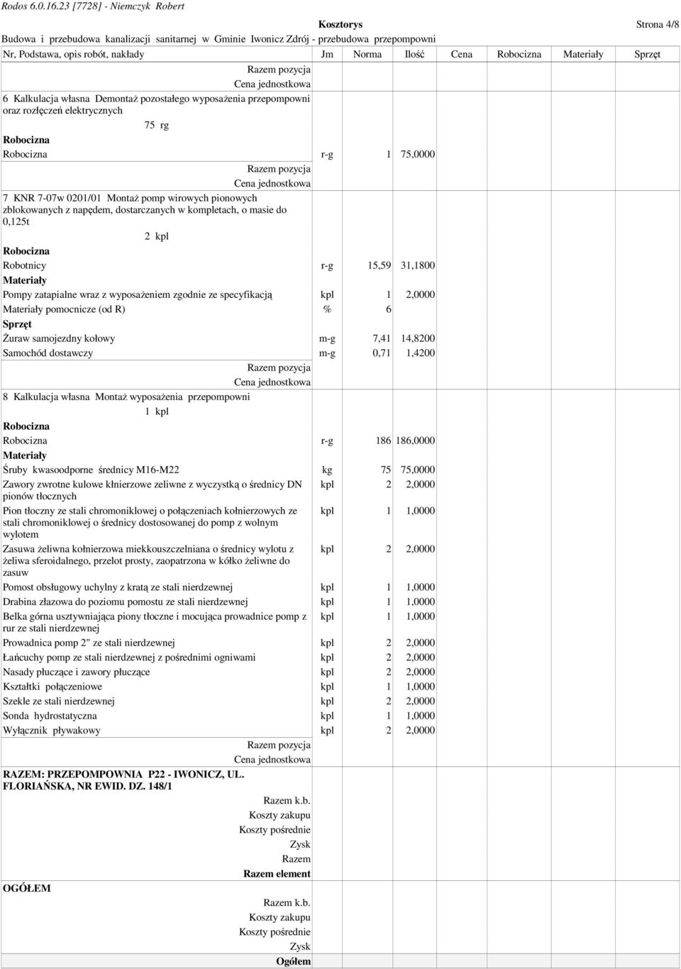 wyposaŝeniem zgodnie ze specyfikacją kpl 1 2,0000 Materiały pomocnicze (od R) % 6 Sprzęt śuraw samojezdny kołowy m-g 7,41 14,8200 Samochód dostawczy m-g 0,71 1,4200 8 Kalkulacja własna MontaŜ