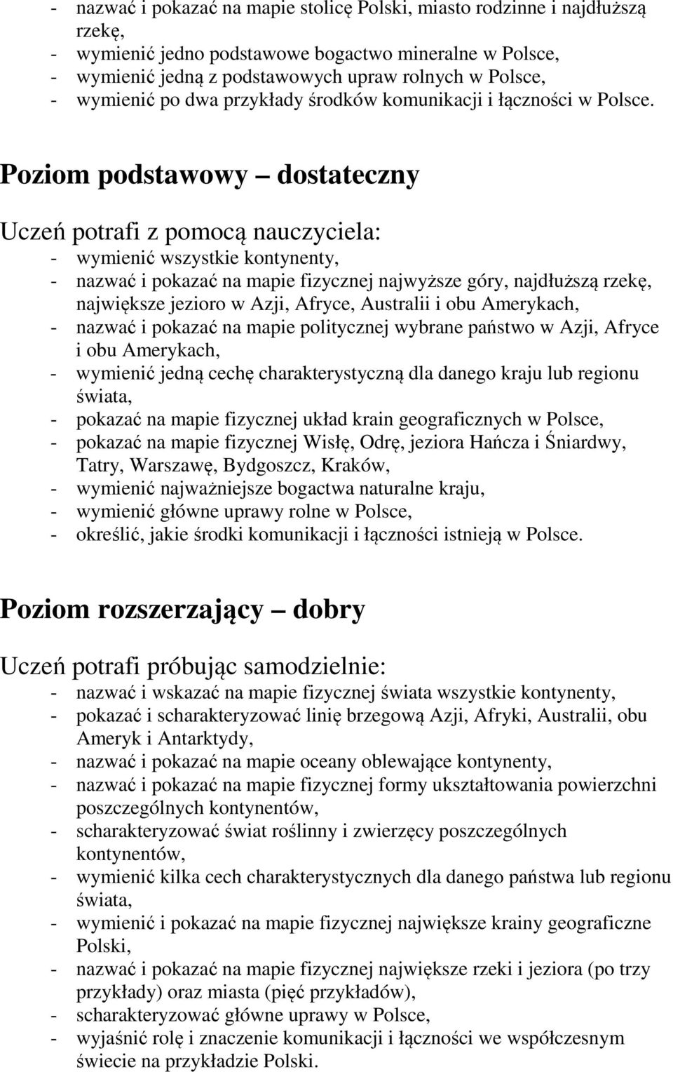 Poziom podstawowy dostateczny Uczeń potrafi z pomocą nauczyciela: - wymienić wszystkie kontynenty, - nazwać i pokazać na mapie fizycznej najwyższe góry, najdłuższą rzekę, największe jezioro w Azji,