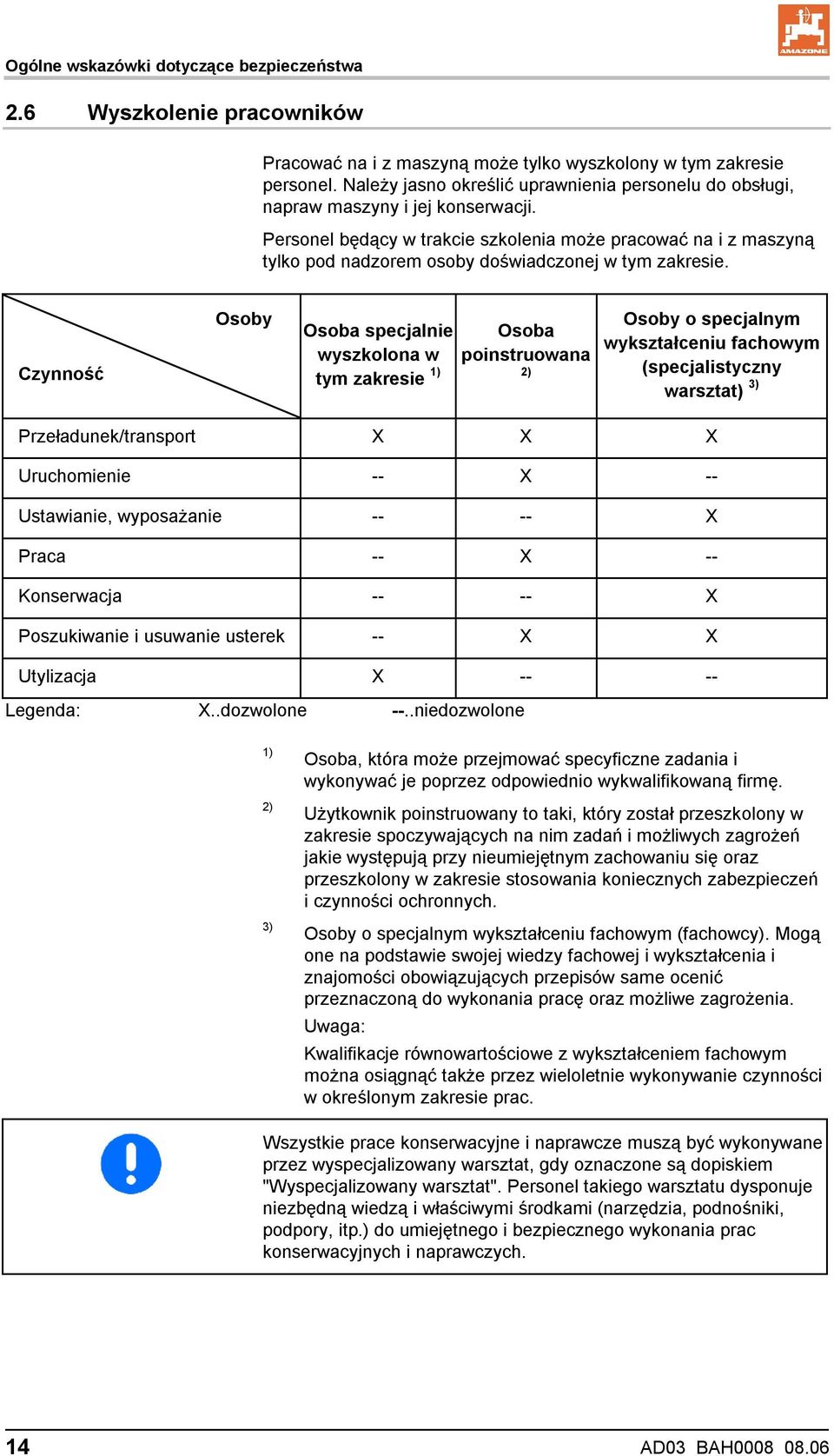 Personel będący w trakcie szkolenia może pracować na i z maszyną tylko pod nadzorem osoby doświadczonej w tym zakresie.