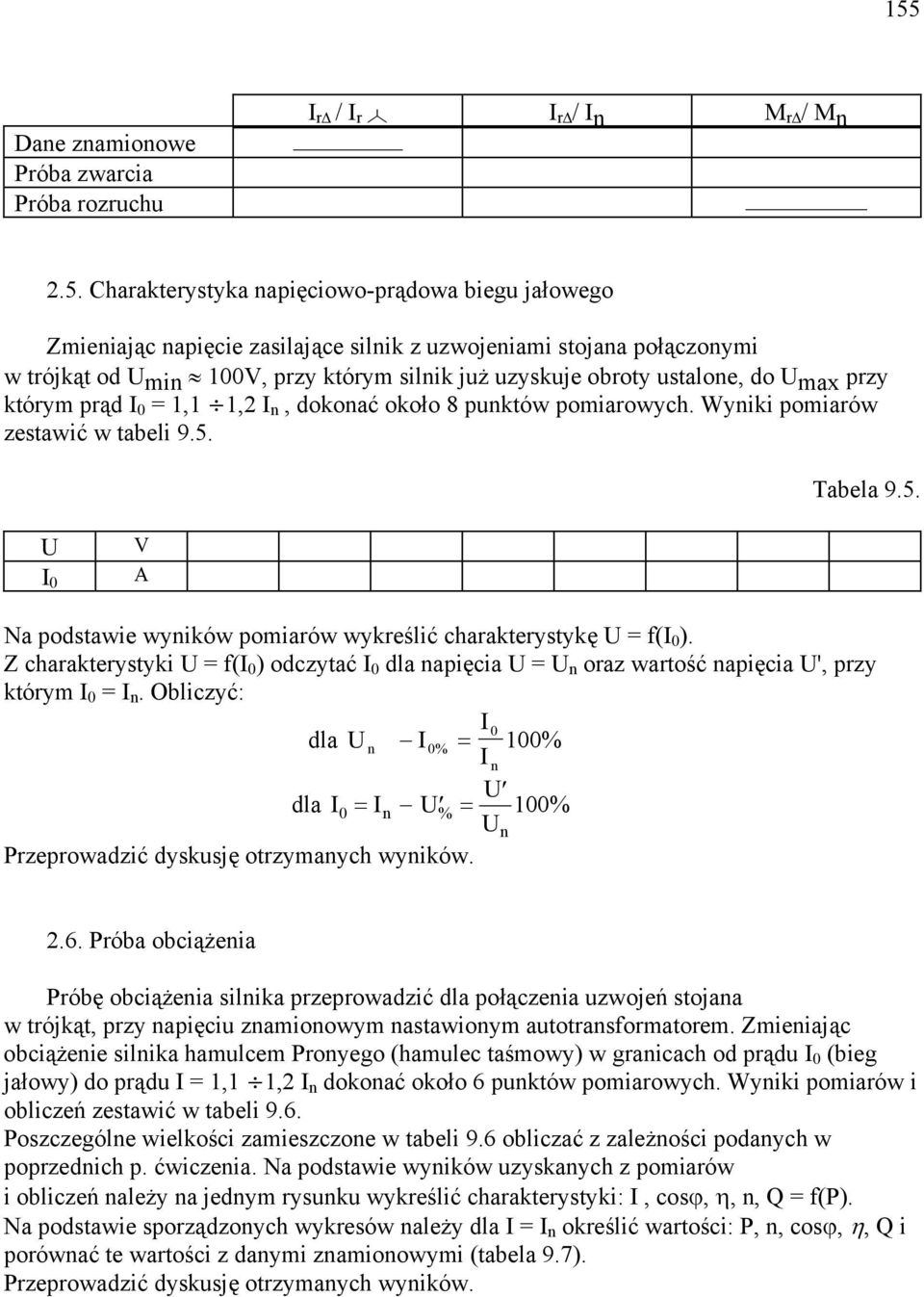 Tabela 9.5. U I 0 V A Na podstawie wyików pomiarów wykreślić charakterystykę U = f(i 0 ). Z charakterystyki U = f(i 0 ) odczytać I 0 dla apięcia U = U oraz wartość apięcia U', przy którym I 0 = I.