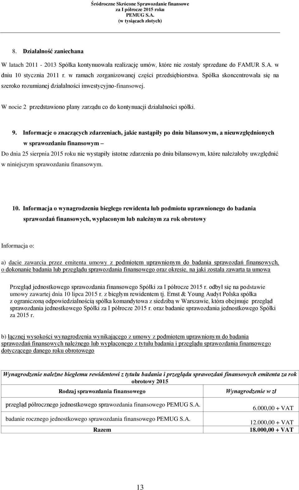 Informacje o znaczących zdarzeniach, jakie nastąpiły po dniu bilansowym, a nieuwzględnionych w sprawozdaniu finansowym Do dnia 25 sierpnia 2015 roku nie wystąpiły istotne zdarzenia po dniu