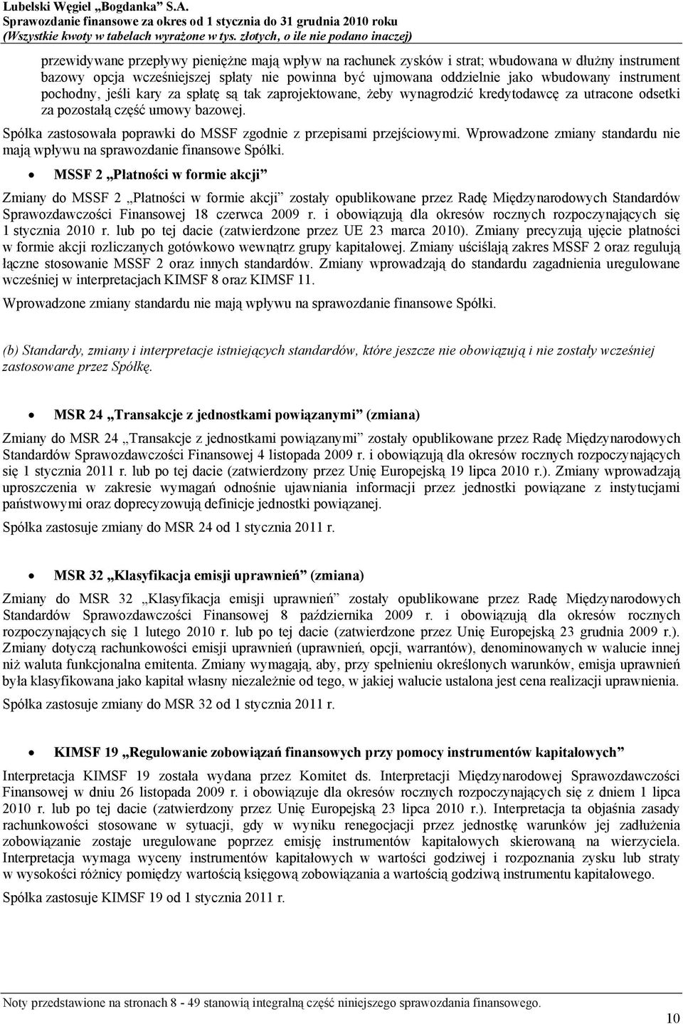 Spółka zastosowała poprawki do MSSF zgodnie z przepisami przejściowymi. Wprowadzone zmiany standardu nie mają wpływu na sprawozdanie finansowe Spółki.
