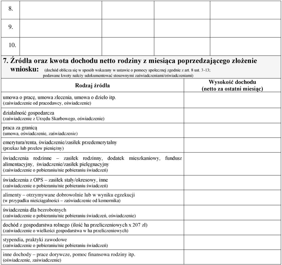 (zaświadczenie od pracodawcy, oświadczenie) działalność gospodarcza (zaświadczenie z Urzędu Skarbowego, oświadczenie) praca za granicą (umowa, oświadczenie, zaświadczenie) emerytura/renta,