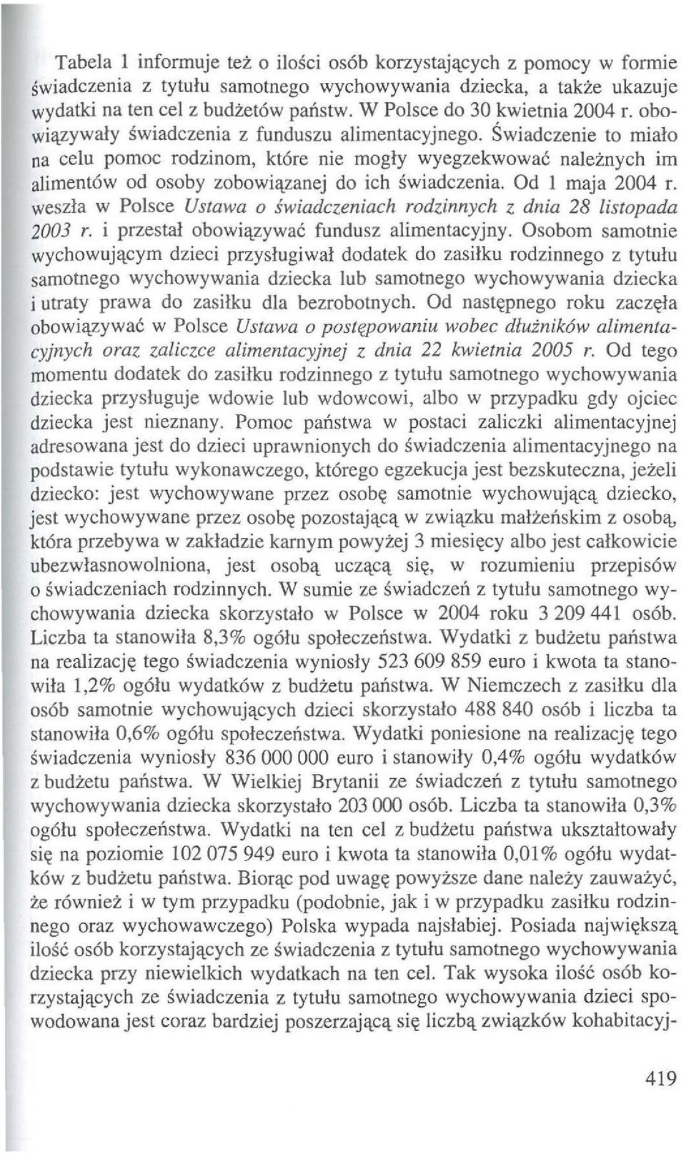 Swiactezenie to mialo na eelu pomoe rodzinom, kt6re nie mogly wyegzekwowac naleznyeh im aliment6w od osoby zobowi(lzanej do ieh swiadezenia. Od 1 maja 2004 r.