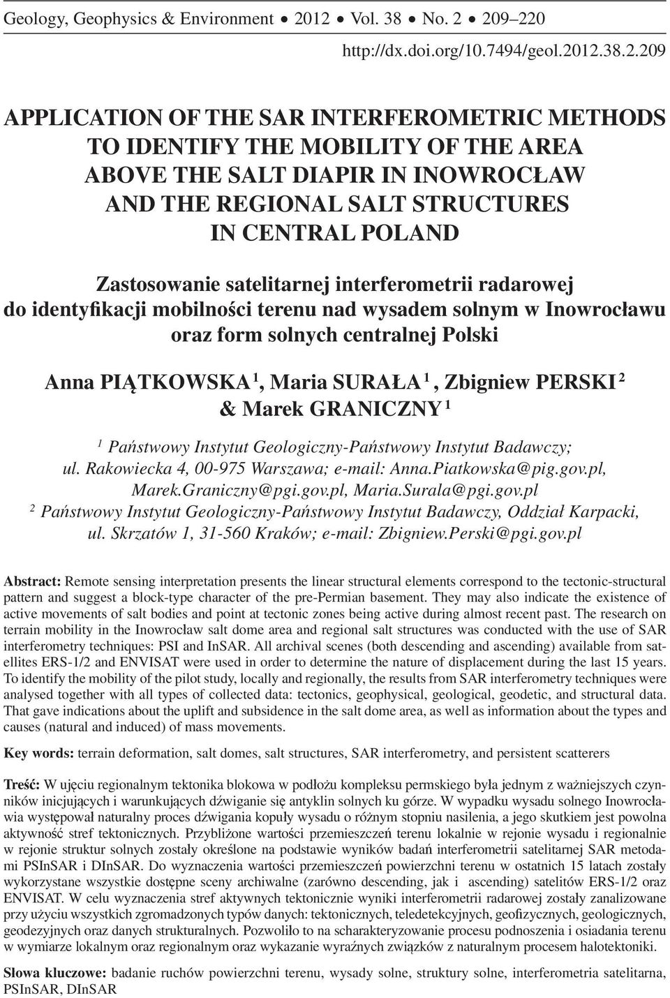 REGIONAL SALT STRUCTURES IN CENTRAL POLAND Zastosowanie satelitarnej interferometrii radarowej do identy kacji mobilno ci terenu nad wysadem solnym w Inowroc awu oraz form solnych centralnej Polski