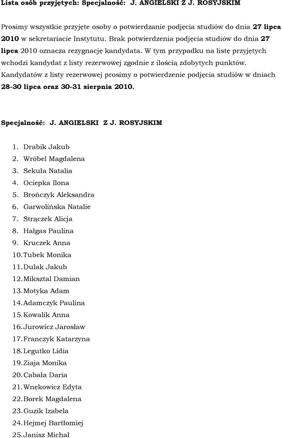 Kandydatów z listy rezerwowej prosimy o potwierdzenie podjęcia studiów w dniach 28-30 lipca oraz 30-31 sierpnia 2010. Specjalność: J. ANGIELSKI Z J. ROSYJSKIM 1. Drabik Jakub 2. Wróbel Magdalena 3.