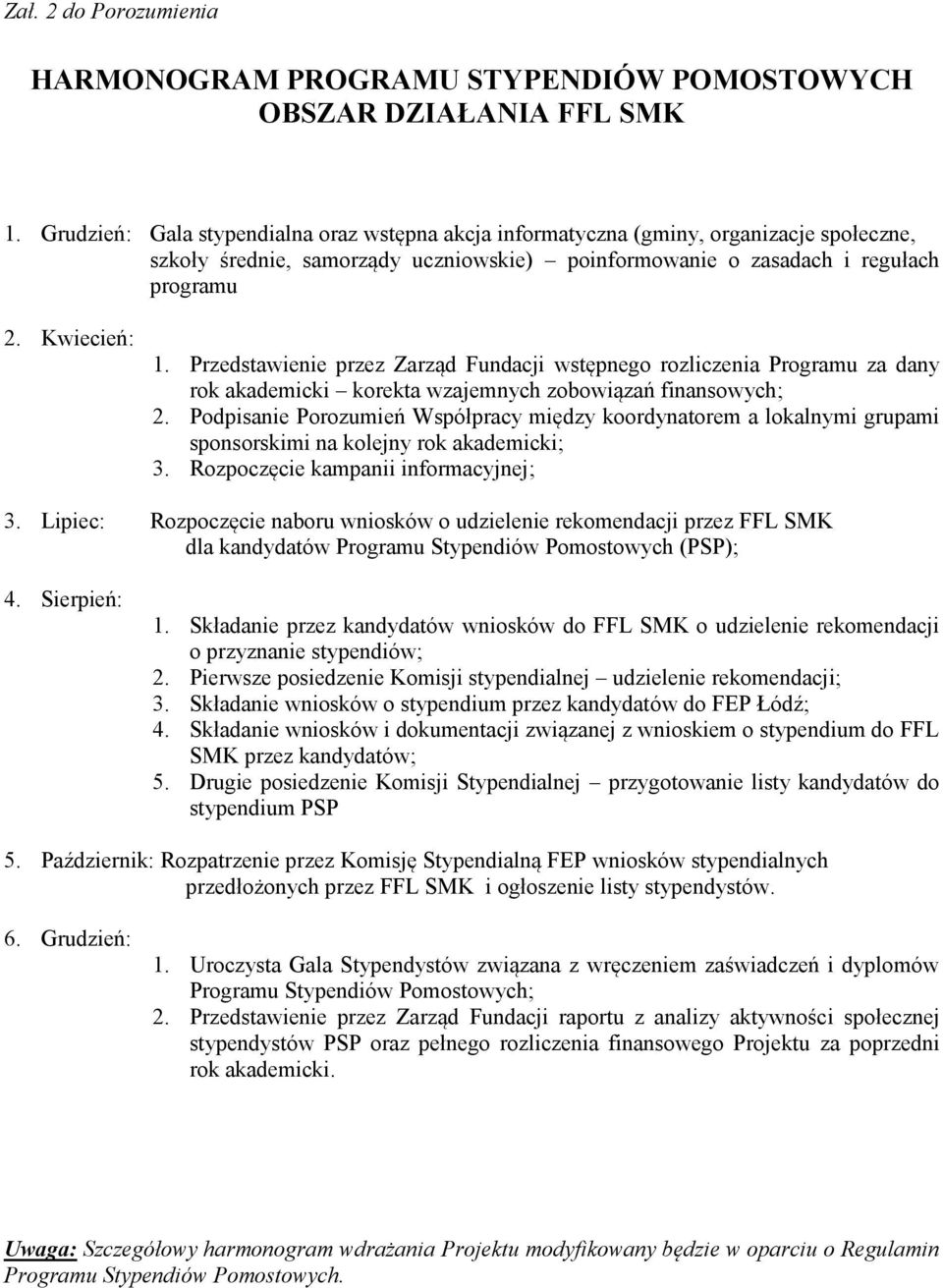 Przedstawienie przez Zarząd Fundacji wstępnego rozliczenia Programu za dany rok akademicki korekta wzajemnych zobowiązań finansowych; 2.