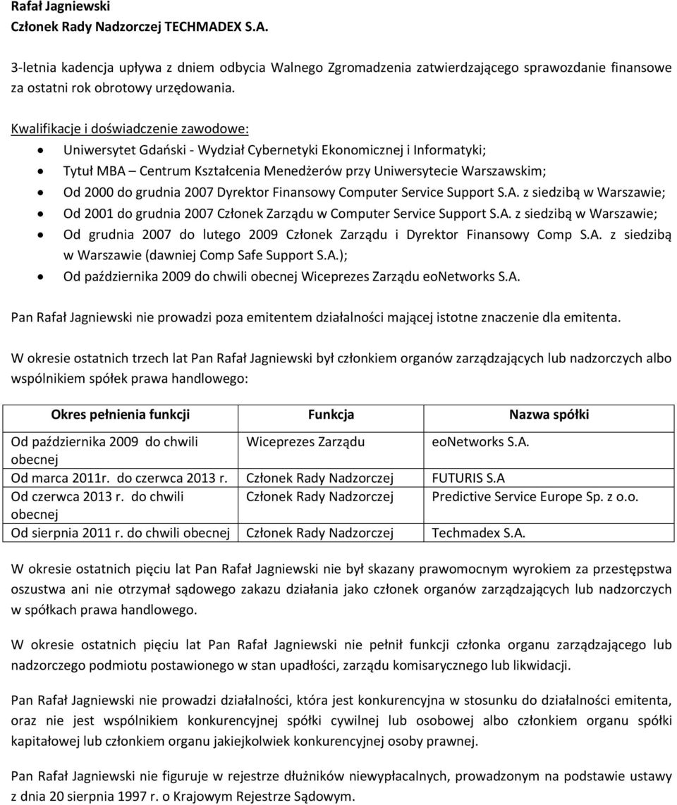 A. z siedzibą w Warszawie (dawniej Comp Safe Support S.A.); Od października 2009 do chwili obecnej Wiceprezes Zarządu eonetworks S.A. Pan Rafał Jagniewski nie prowadzi poza emitentem działalności mającej istotne znaczenie dla emitenta.