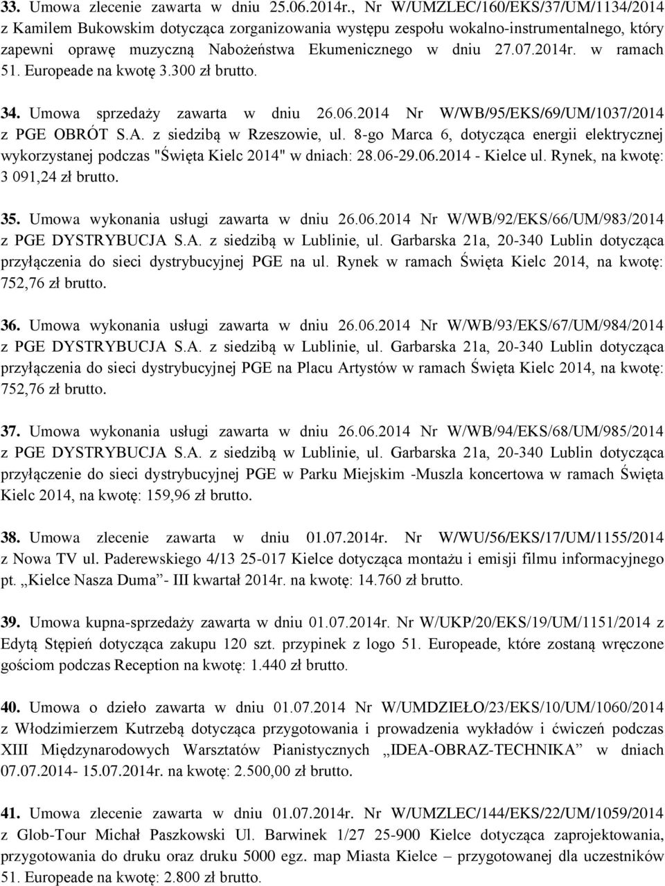 w ramach 51. Europeade na kwotę 3.300 zł brutto. 34. Umowa sprzedaży zawarta w dniu 26.06.2014 Nr W/WB/95/EKS/69/UM/1037/2014 z PGE OBRÓT S.A. z siedzibą w Rzeszowie, ul.