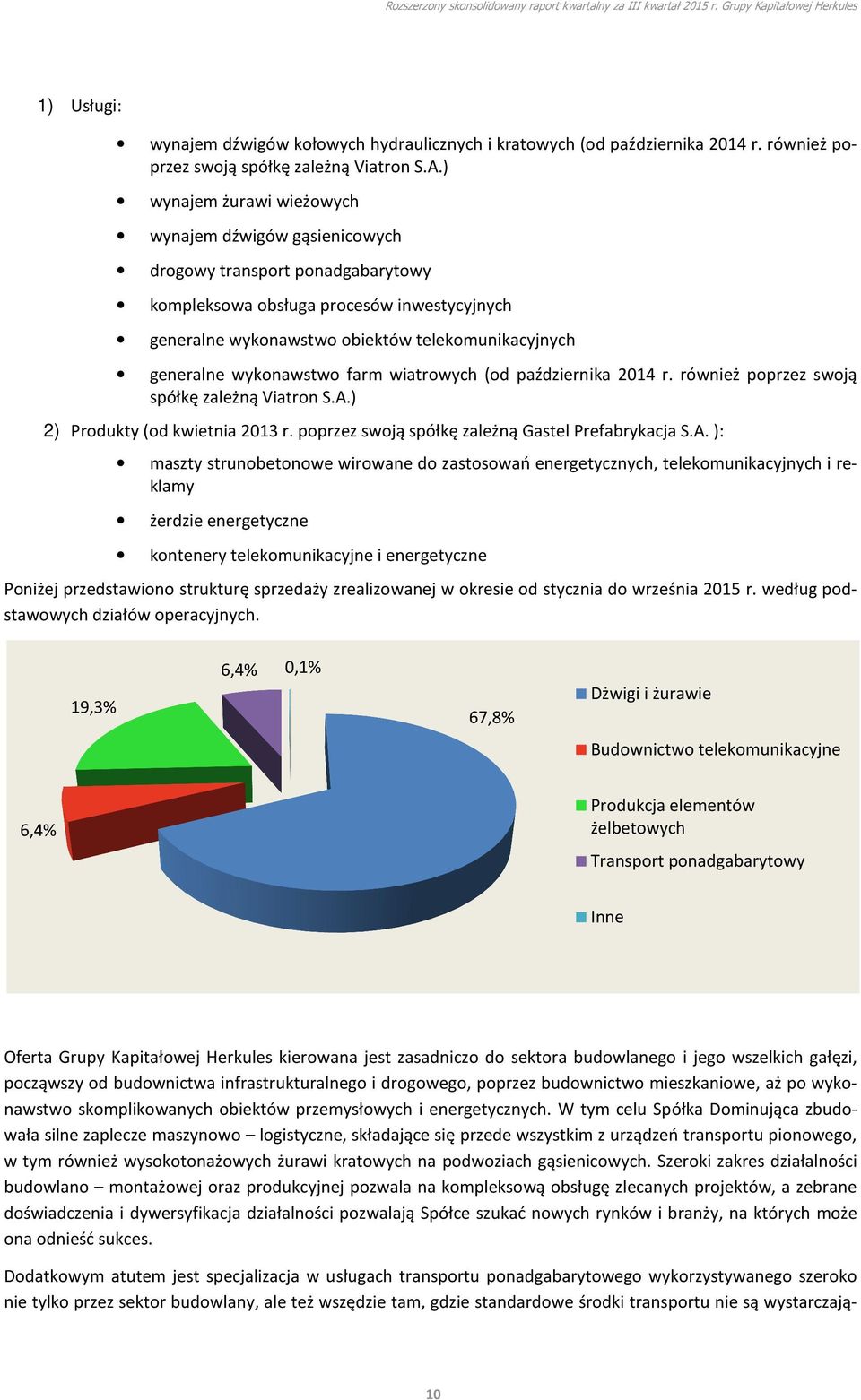 wykonawstwo farm wiatrowych (od października 2014 r. również poprzez swoją spółkę zależną Viatron S.A.