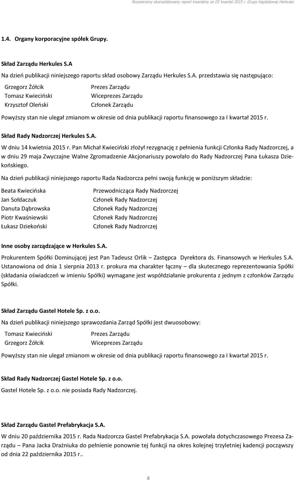 przedstawia się następująco: Grzegorz Żółcik Tomasz Kwieciński Krzysztof Oleński Prezes Zarządu Wiceprezes Zarządu Członek Zarządu Powyższy stan nie ulegał zmianom w okresie od dnia publikacji