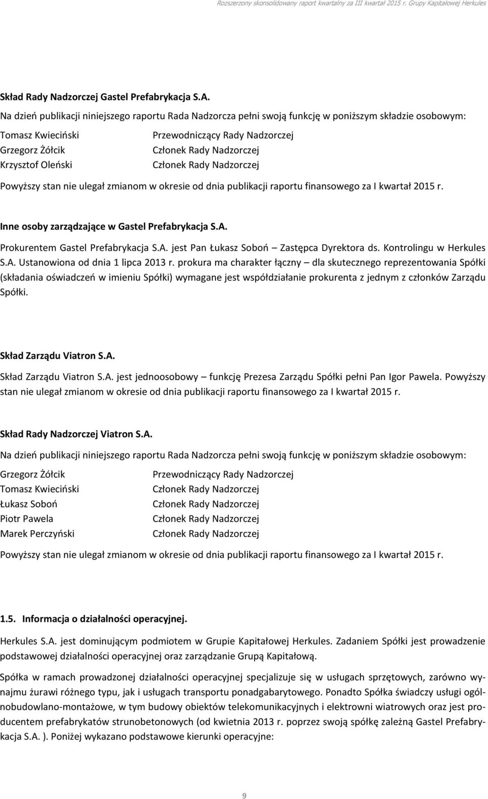 Rady Nadzorczej Członek Rady Nadzorczej Powyższy stan nie ulegał zmianom w okresie od dnia publikacji raportu finansowego za I kwartał 2015 r. Inne osoby zarządzające w Gastel Prefabrykacja S.A.