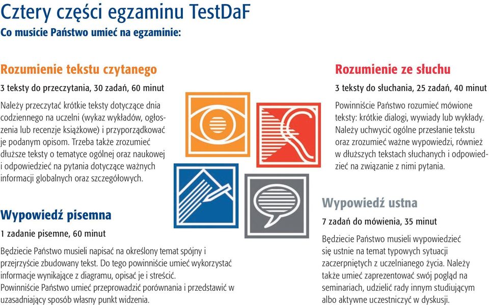 Trzeba także zrozumieć dłuższe teksty o tematyce ogólnej oraz naukowej i odpowiedzieć na pytania dotyczące ważnych informacji globalnych oraz szczegółowych.