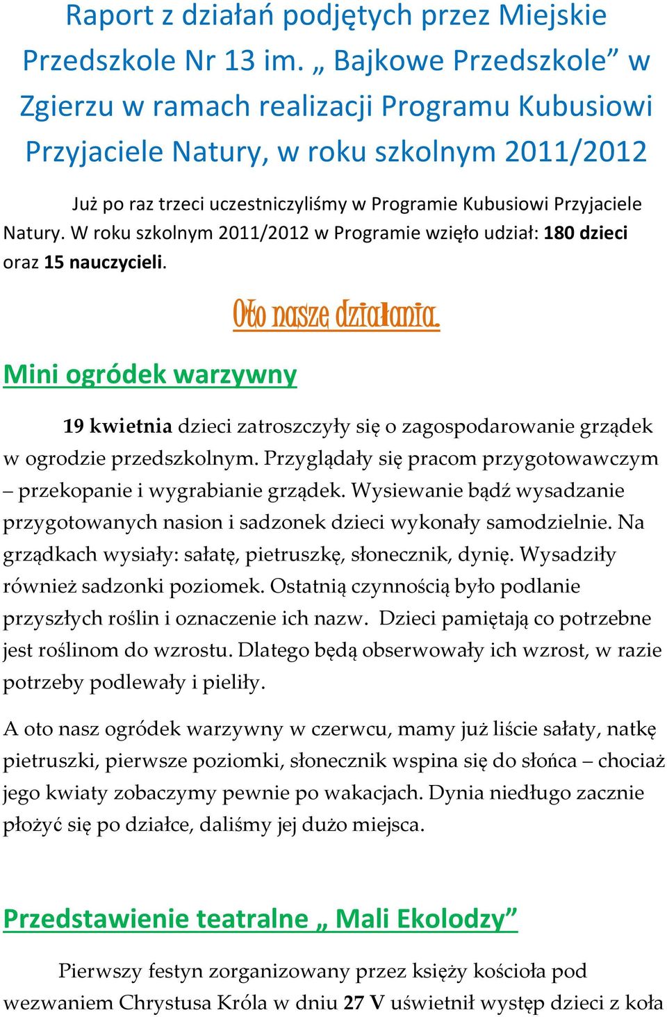 W roku szkolnym 2011/2012 w Programie wzięło udział: 180 dzieci oraz 15 nauczycieli. Mini ogródek warzywny Oto nasze działania.