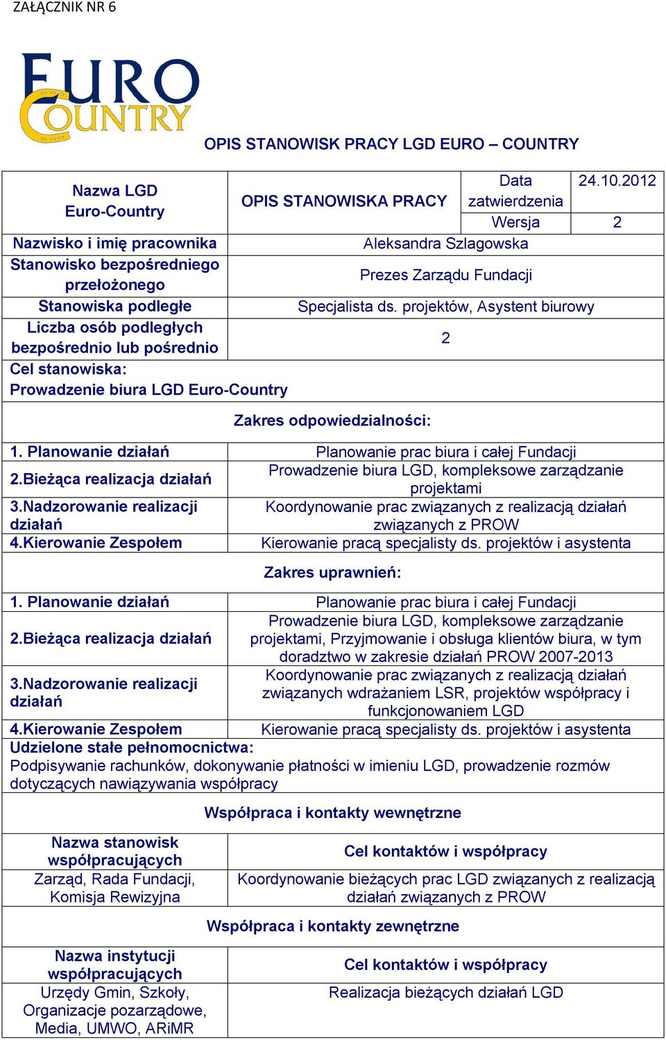 projektów, Asystent biurowy Zakres odpowiedzialności: 1. Planowanie Planowanie prac biura i całej Fundacji 2.