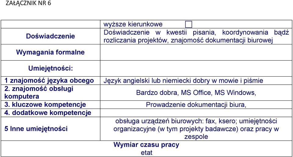 znajomość obsługi Bardzo dobra, MS Office, MS Windows, komputera 3. kluczowe kompetencje Prowadzenie dokumentacji biura, 4.