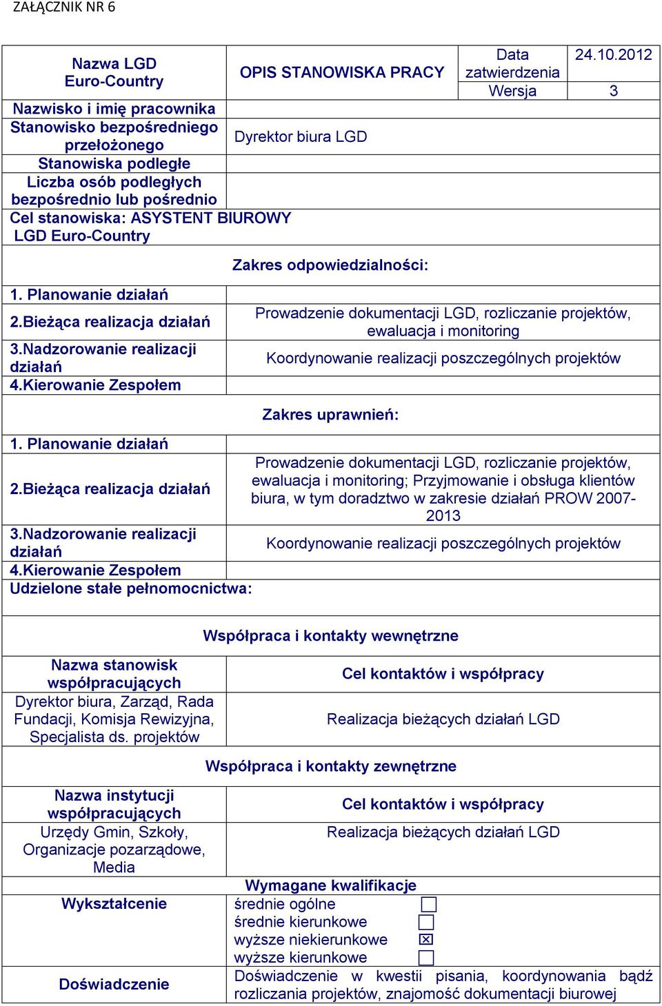 2012 zatwierdzenia Wersja 3 Prowadzenie dokumentacji LGD, rozliczanie projektów, ewaluacja i monitoring Zakres uprawnień: 1.