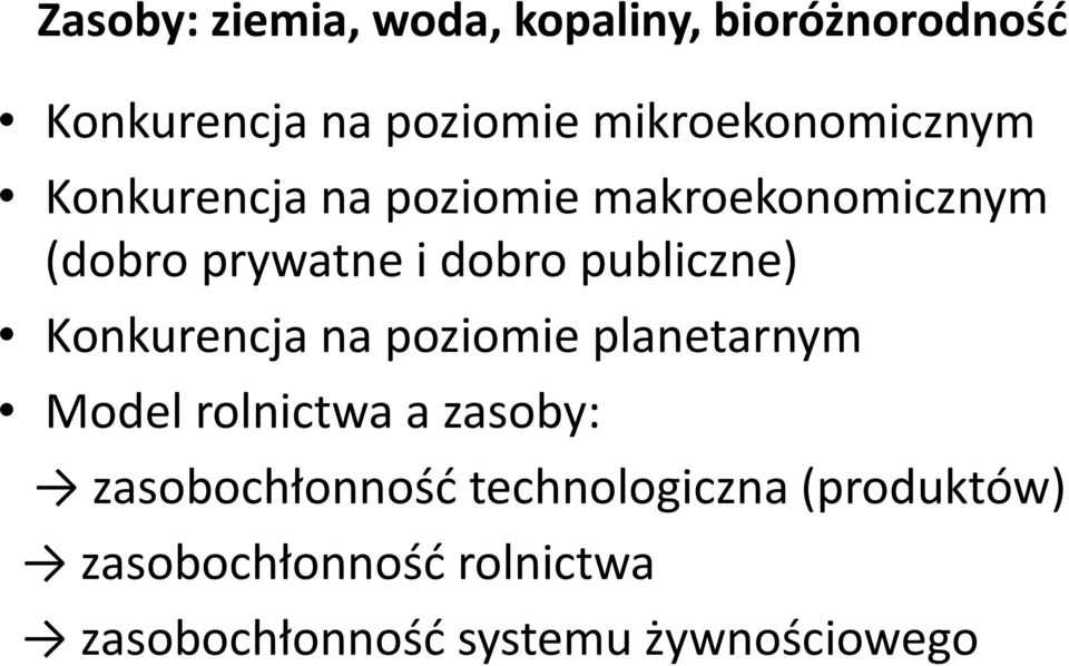 publiczne) Konkurencja na poziomie planetarnym Model rolnictwa a zasoby: