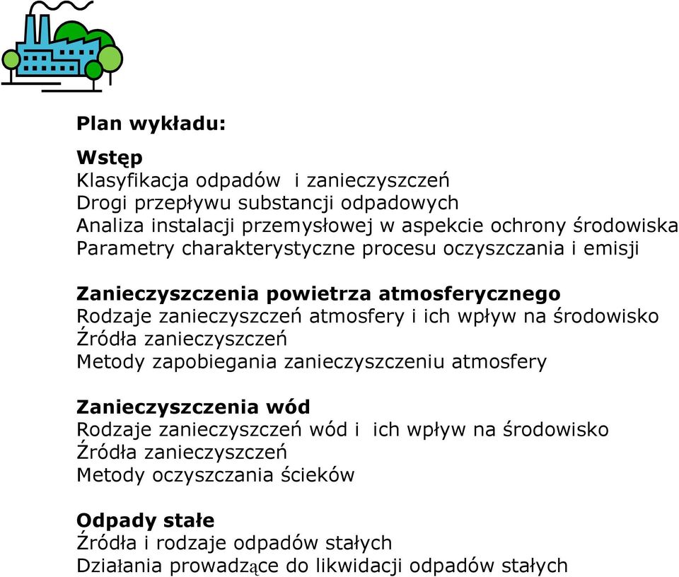 wpływ na środowisko Źródła zanieczyszczeń Metody zapobiegania zanieczyszczeniu atmosfery Zanieczyszczenia wód Rodzaje zanieczyszczeń wód i ich wpływ na