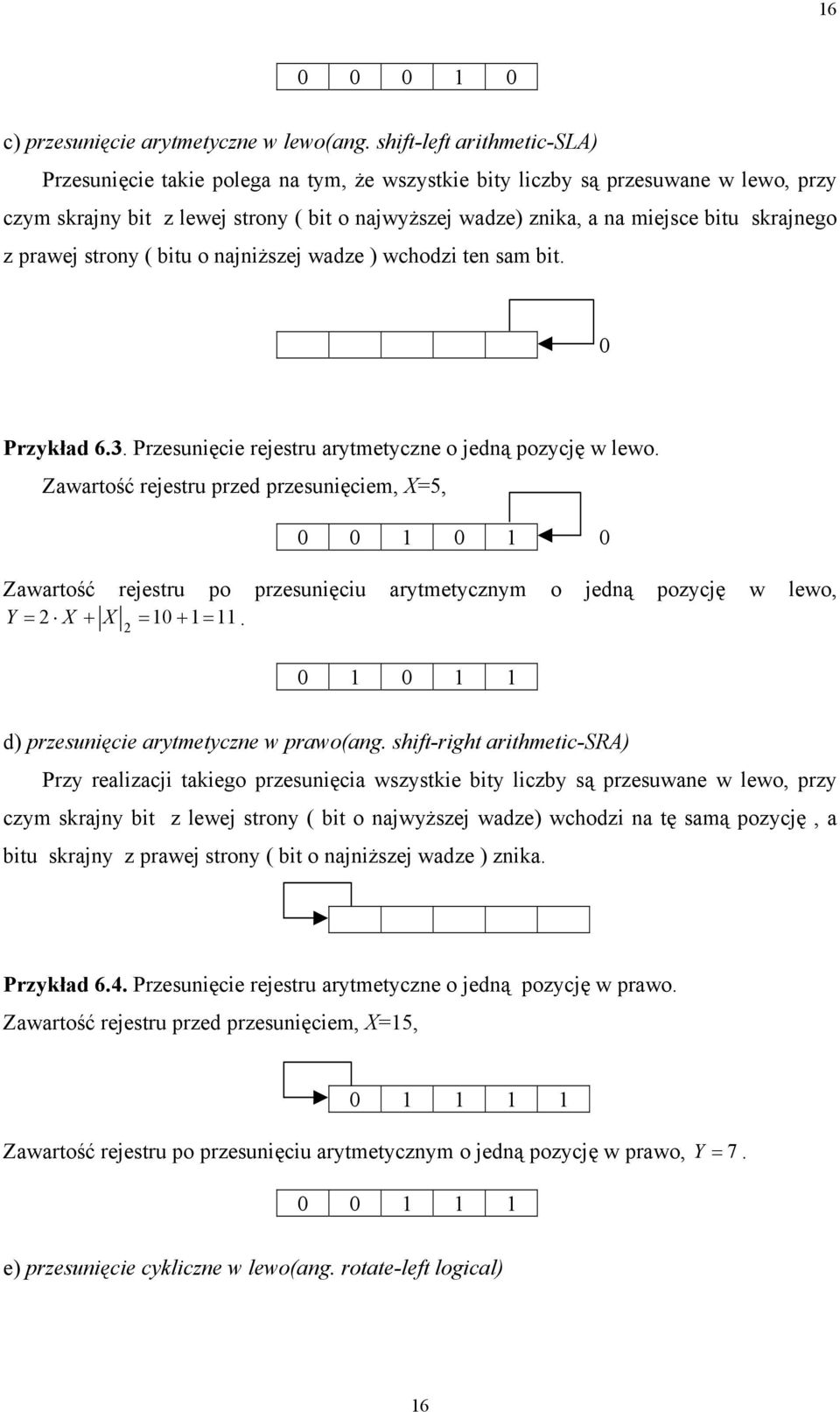 btu o ajższej wadze ) wchodz te sam bt. Przykład 6.3. Przesuęce rejestru arytmetycze o jedą pozycję w lewo.