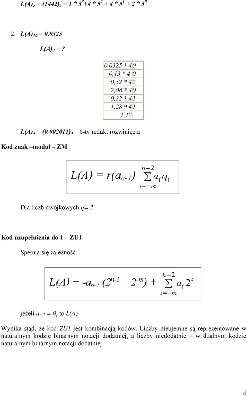 002011) 4 6-ty redukt rozwinięcia Kod znak moduł ZM Dla liczb dwójkowych q= 2 Kod uzupełnienia do 1 ZU1 Spełnia się zależność