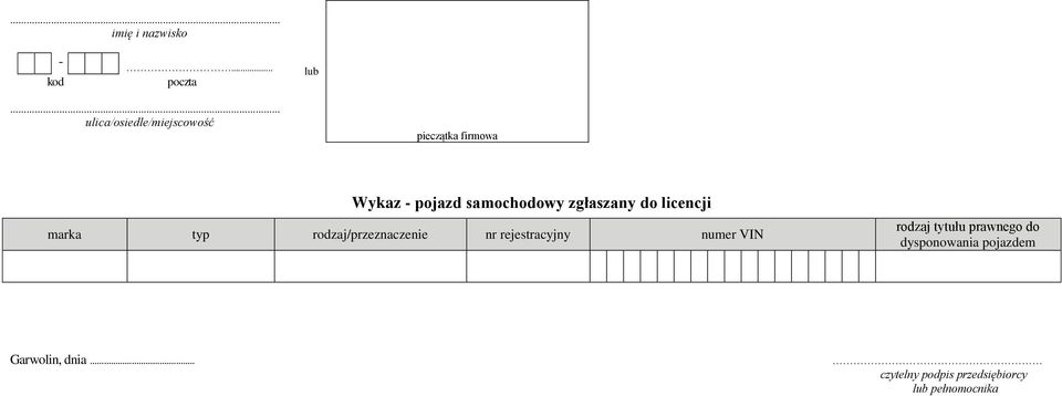 rodzaj/przeznaczenie nr rejestracyjny numer VIN