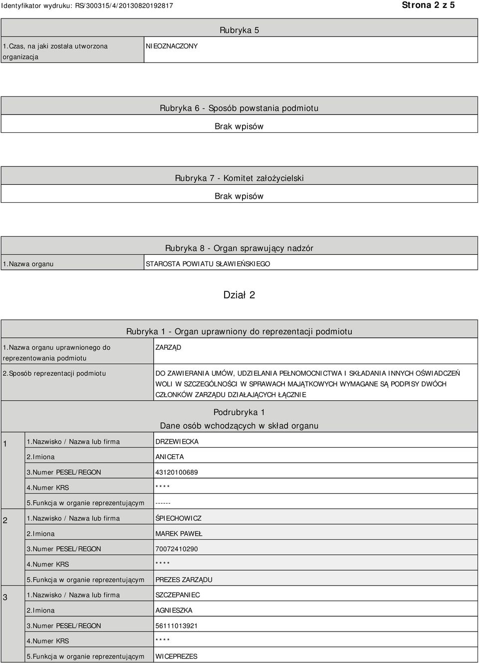 Sposób reprezentacji podmiotu ZARZĄD DO ZAWIERANIA UMÓW, UDZIELANIA PEŁNOMOCNICTWA I SKŁADANIA INNYCH OŚWIADCZEŃ WOLI W SZCZEGÓLNOŚCI W SPRAWACH MAJĄTKOWYCH WYMAGANE SĄ PODPISY DWÓCH CZŁONKÓW ZARZĄDU