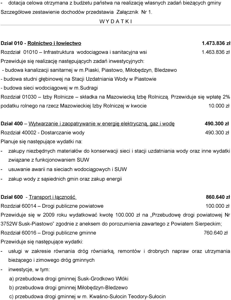 836 zł Przewiduje się realizację następujących zadań inwestycyjnych: - budowa kanalizacji sanitarnej w m.