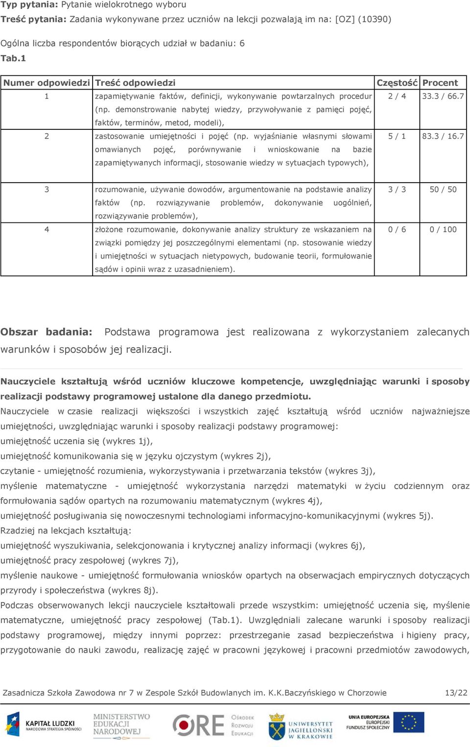 demonstrowanie nabytej wiedzy, przywoływanie z pamięci pojęć, faktów, terminów, metod, modeli), 2 zastosowanie umiejętności i pojęć (np.