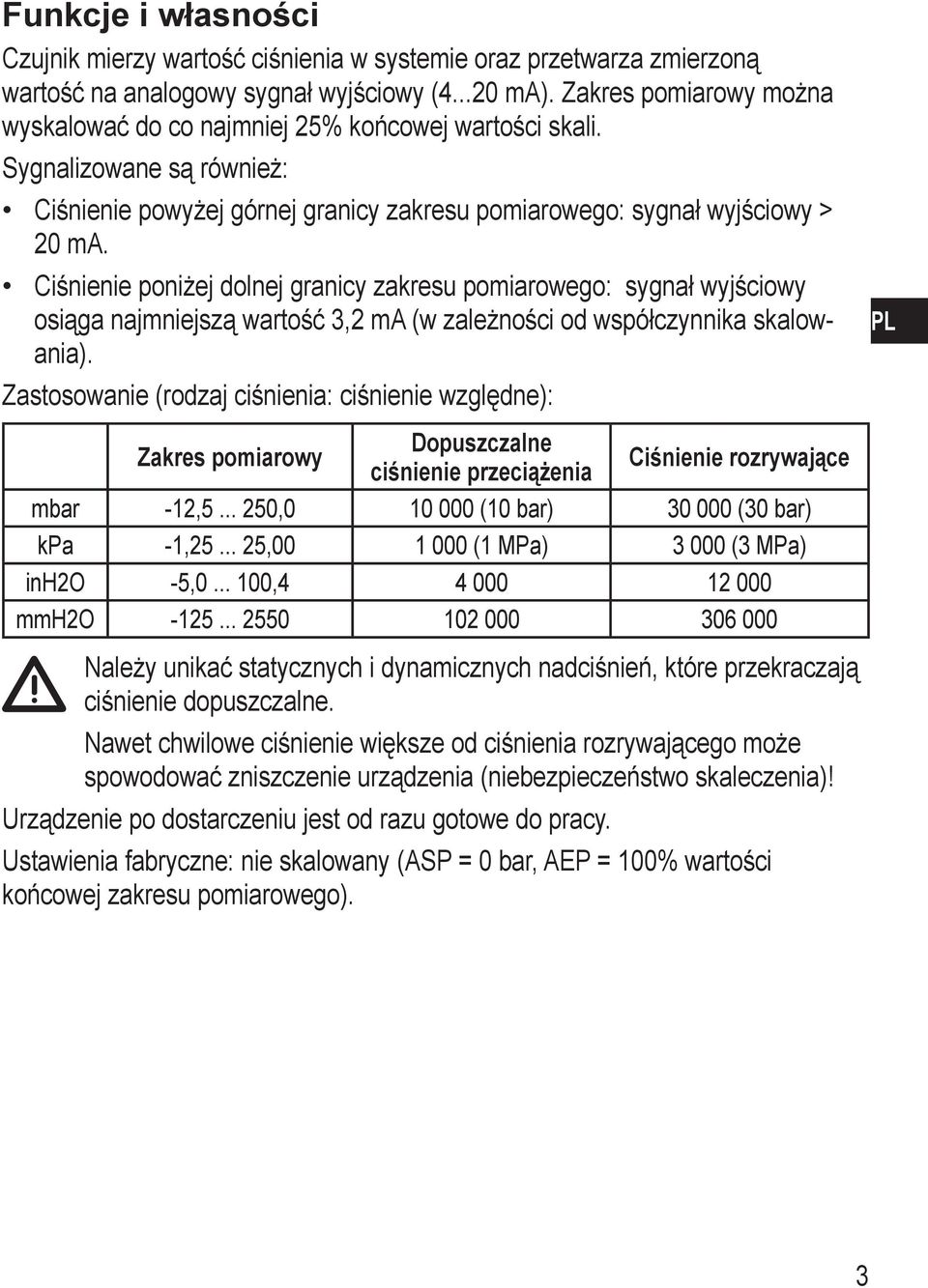 Ciśnienie poniżej dolnej granicy zakresu pomiarowego: sygnał wyjściowy osiąga najmniejszą wartość, ma (w zależności od współczynnika skalowania).