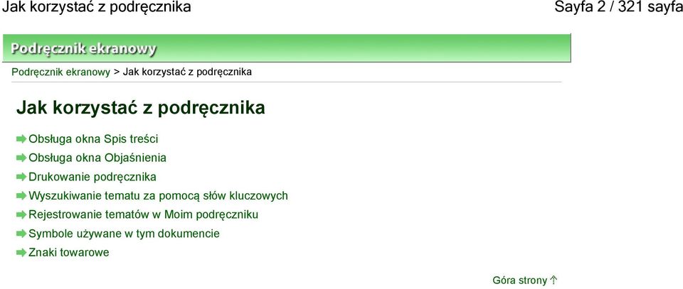 Objaśnienia Drukowanie podręcznika Wyszukiwanie tematu za pomocą słów kluczowych