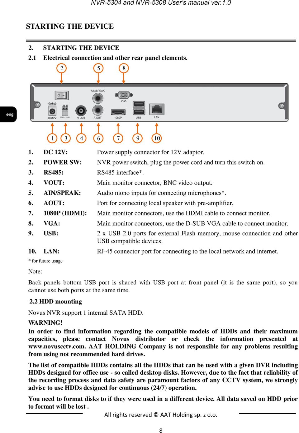 AIN/SPEAK: Audio mono inputs for connecting microphones*. 6. AOUT: Port for connecting local speaker with pre-amplifier. 7.