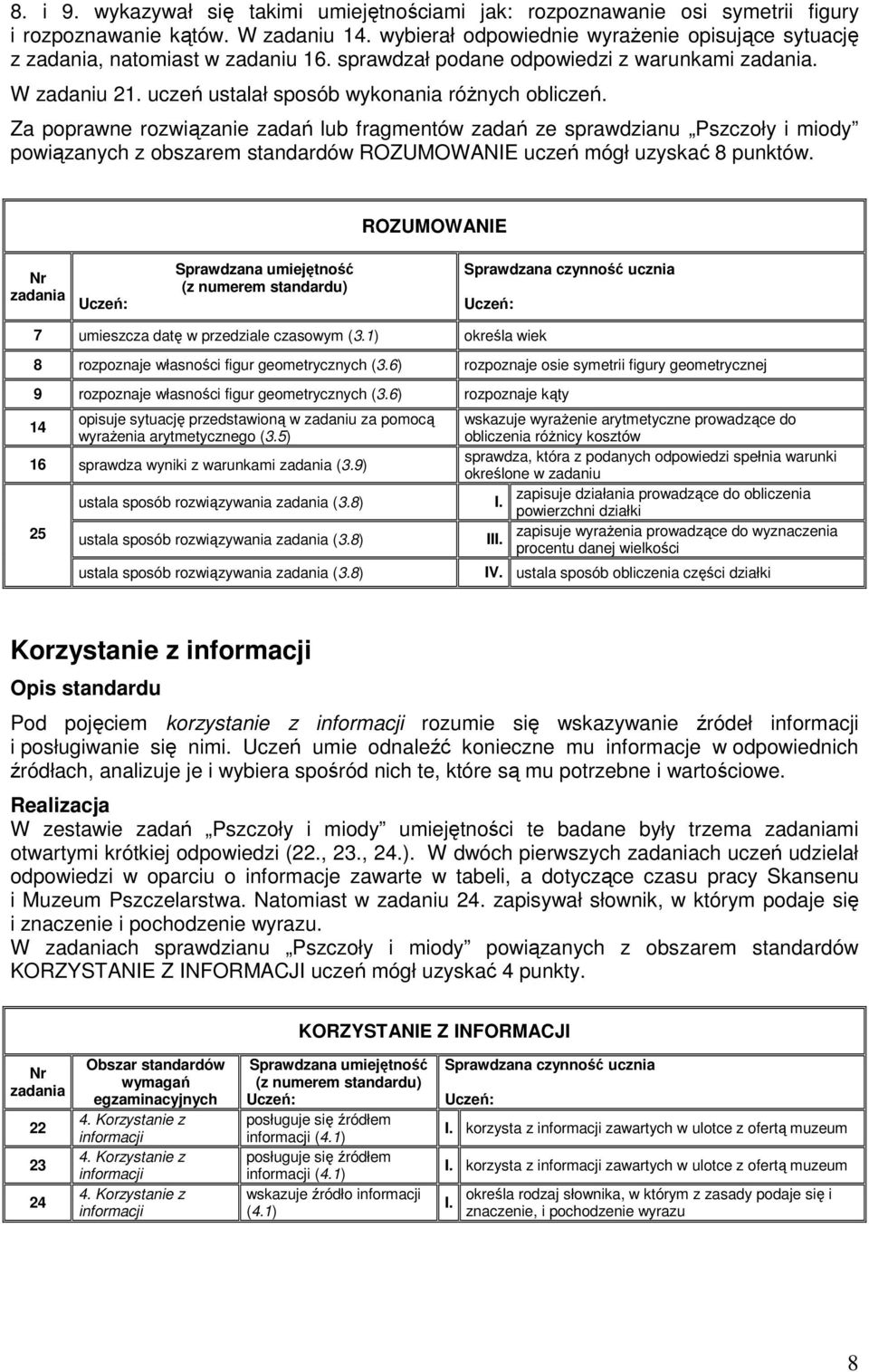 Za poprawne rozwiązanie zadań lub fragmentów zadań ze sprawdzianu Pszczoły i miody powiązanych z obszarem standardów ROZUMOWANIE uczeń mógł uzyskać 8 punktów.
