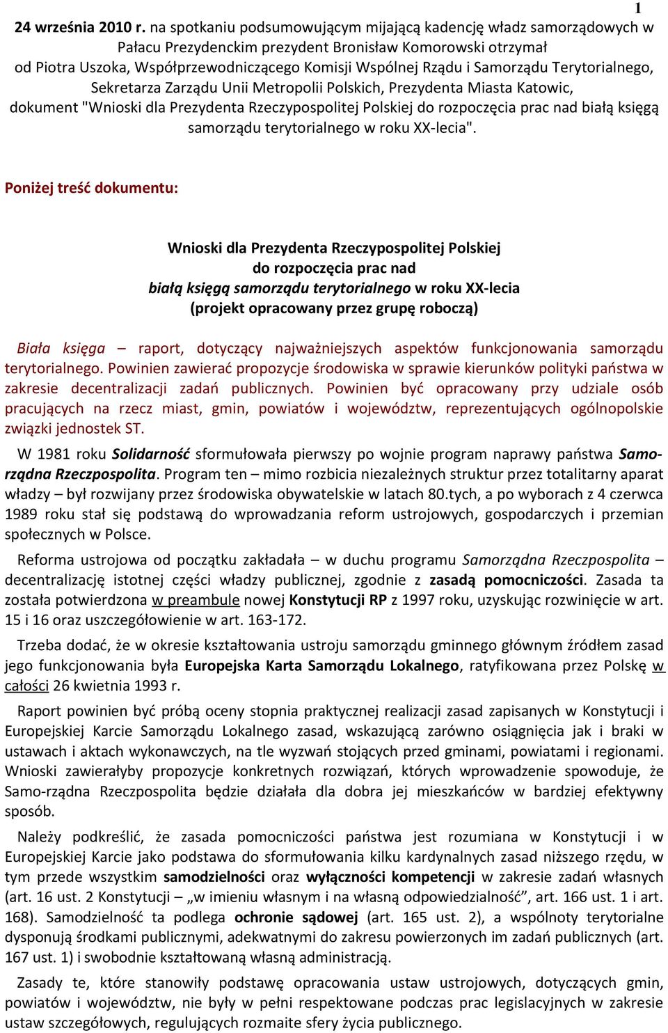 Samorządu Terytorialnego, Sekretarza Zarządu Unii Metropolii Polskich, Prezydenta Miasta Katowic, dokument "Wnioski dla Prezydenta Rzeczypospolitej Polskiej do rozpoczęcia prac nad białą księgą