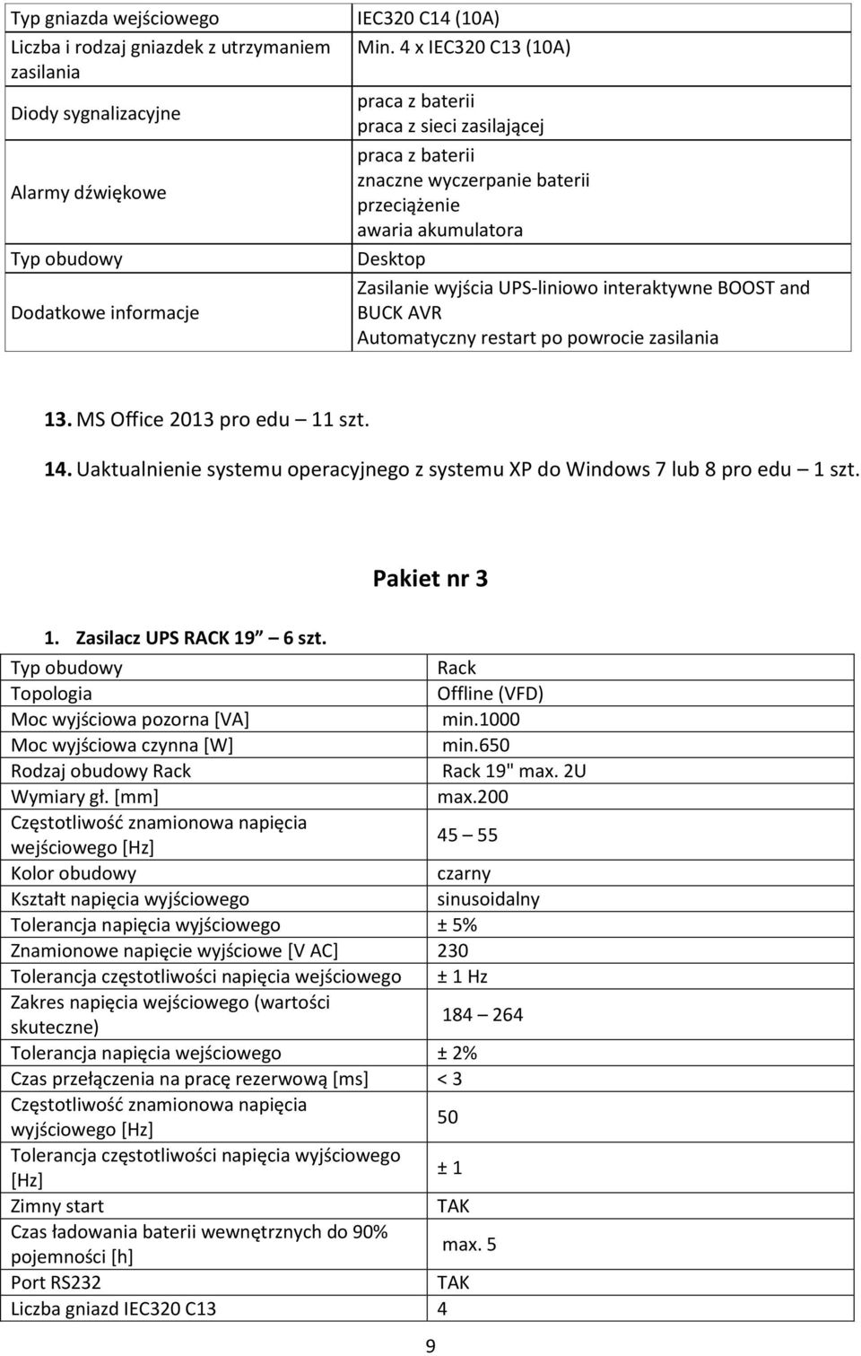 BUCK AVR Automatyczny restart po powrocie zasilania 13. MS Office 2013 pro edu 11 szt. 14. Uaktualnienie systemu operacyjnego z systemu XP do Windows 7 lub 8 pro edu 1 szt. 1. Zasilacz UPS RACK 19 6 szt.