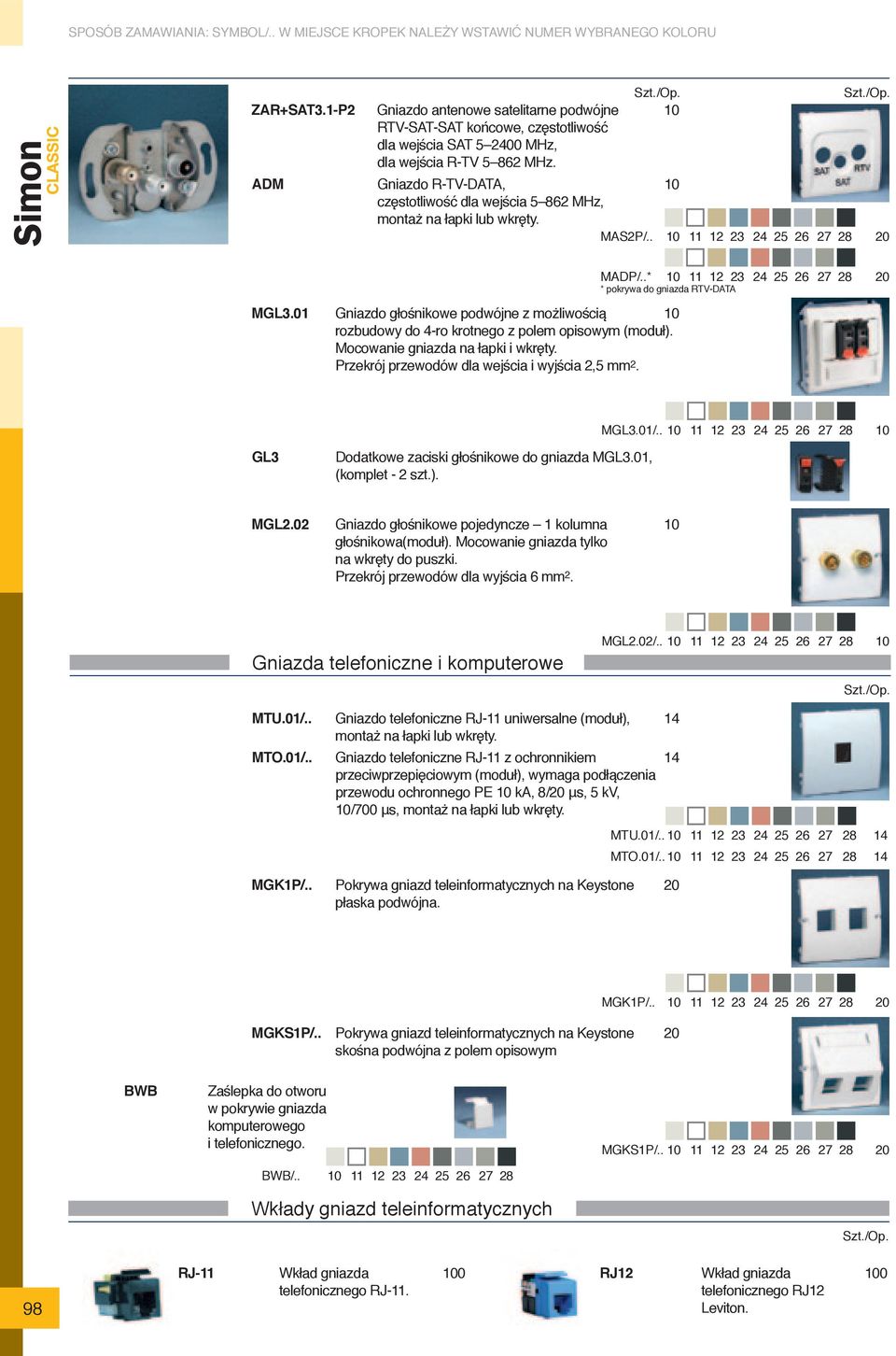 01 Gniazdo głośnikowe podwójne z możliwością rozbudowy do 4-ro krotnego z polem opisowym (moduł). Mocowanie gniazda na łapki i wkręty. Przekrój przewodów dla wejścia i wyjścia 2,5 mm 2. MADP/.