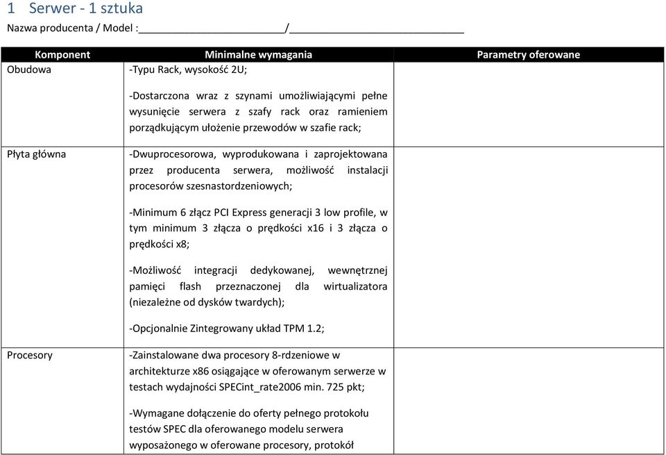procesorów szesnastordzeniowych; -Minimum 6 złącz PCI Express generacji 3 low profile, w tym minimum 3 złącza o prędkości x16 i 3 złącza o prędkości x8; -Możliwość integracji dedykowanej, wewnętrznej