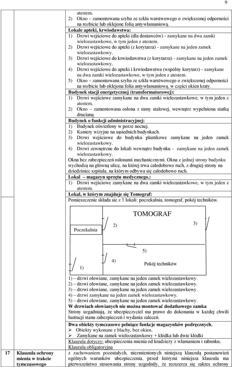 2) Drzwi wejściowe do apteki (z korytarza) - zamykane na jeden zamek wielozastawkowy. 3) Drzwi wejściowe do krwiodawstwa (z korytarza) - zamykane na jeden zamek wielozastawkowy.
